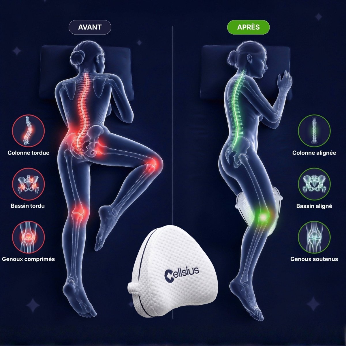 Coussin Orthopédique Genoux Cellsius - Le secret d'un sommeil sans douleur